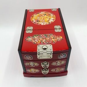 Vtg Asian Red Lacquer Jewelry Chest w/ Mother-of-Pearl Inlay, 3 Drawers & Mirror